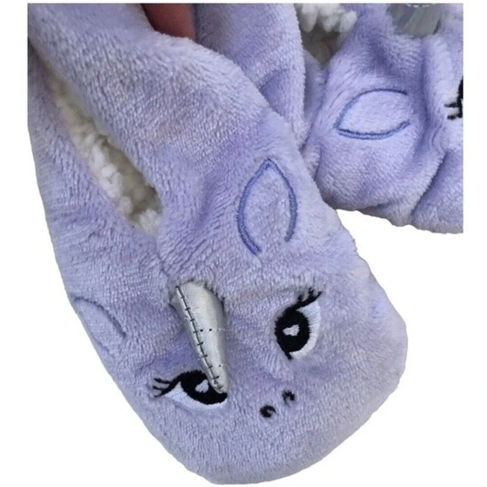 NEW Cat & Jack Kids Slippers Purple Unicorn Plush Gripper Bottoms Size M/L